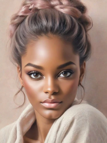 chignon,artificial hair integrations,airbrushed,digital painting,bun mixed,african american woman,updo,world digital painting,oil painting on canvas,photo painting,girl portrait,romantic portrait,portrait background,beautiful african american women,oil painting,fantasy portrait,retouching,portrait of a girl,digital art,young woman