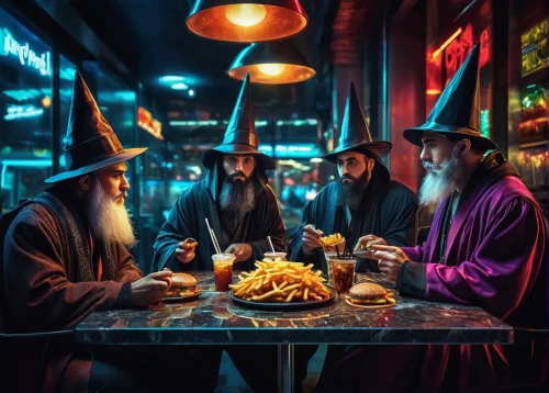 wizards,the three wise men,wizard,gnomes at table,wise men,three wise men,monks,last supper,holy supper,witches,celebration of witches,fantasy picture,the wizard,fast food restaurant,disciples,wizardry,gandalf,lord who rings,holy 3 kings,divination,Photography,Artistic Photography,Artistic Photography 05