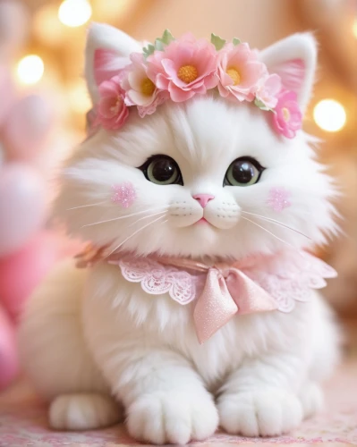 blossom kitten,flower cat,cute cat,pink cat,cat kawaii,doll cat,pink bow,tea party cat,animals play dress-up,flower animal,flower girl,beautiful bonnet,beautiful girl with flowers,cat image,flower crown,white cat,little princess,cute animals,cute pretty,cute animal,Conceptual Art,Fantasy,Fantasy 31