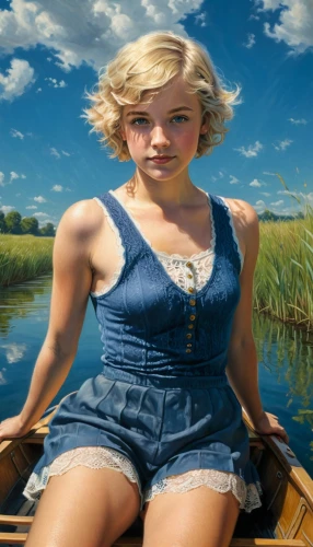 girl on the boat,the blonde in the river,girl on the river,heidi country,jennifer lawrence - female,marilyn,blonde woman,darjeeling,countrygirl,digital compositing,pin-up girl,marylyn monroe - female,pin-up model,rowing dolle,southern belle,pin-up,photo painting,boat,pixie-bob,rowboat,Illustration,Realistic Fantasy,Realistic Fantasy 03