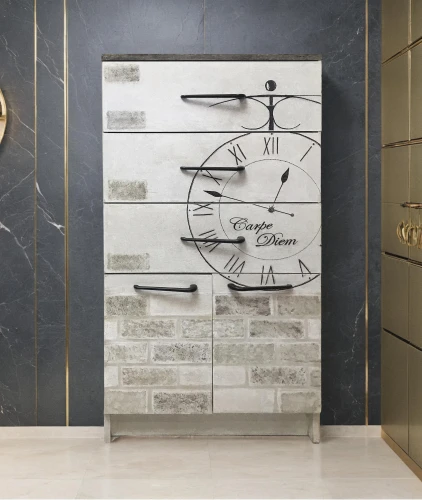 quartz clock,wall plaster,metal cabinet,ceramic tile,wall panel,wall clock,shower door,room divider,ceramic floor tile,wall sticker,search interior solutions,armoire,bathroom cabinet,art deco background,metallic door,tile kitchen,shower panel,modern decor,wall decoration,stone slab