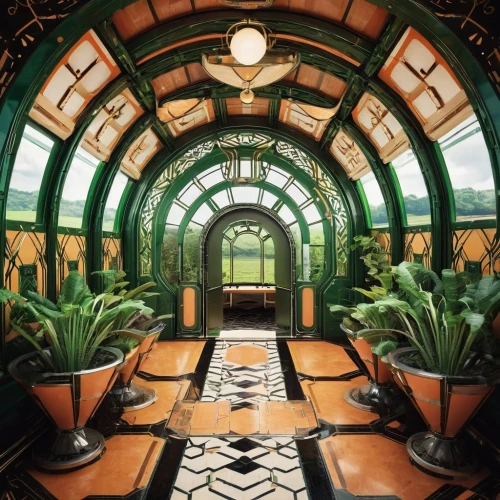 green train,art nouveau design,train tunnel,art nouveau,art deco,museum train,railway carriage,plant tunnel,wooden train,tunnel of plants,train car,art nouveau frames,corridor,train cemetery,art deco background,disused trains,old train,hallway,train way,art nouveau frame,Illustration,Vector,Vector 16