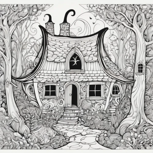 witch's house,witch house,crooked house,house in the forest,house drawing,cottage,little house,tree house,houses clipart,fairy house,treehouse,coloring page,dandelion hall,the haunted house,small house,farmhouse,hand-drawn illustration,ancient house,country cottage,large home,Illustration,Black and White,Black and White 05