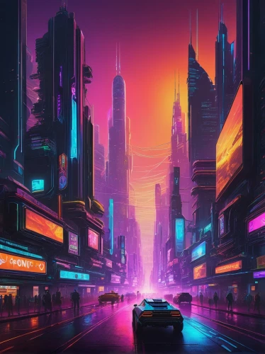 cyberpunk,futuristic landscape,cityscape,colorful city,fantasy city,metropolis,futuristic,evening city,city highway,ultraviolet,80s,dusk,80's design,tokyo city,cities,city at night,vapor,city lights,city,dystopian,Illustration,Children,Children 05