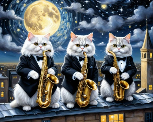 brass band,cat family,big band,vintage cats,cats,oktoberfest cats,stray cats,trumpets,musical ensemble,cat lovers,musicians,trombone concert,cats playing,saxophone player,saxophone,music band,saxhorn,sousaphone,felines,trombone player,Conceptual Art,Fantasy,Fantasy 30