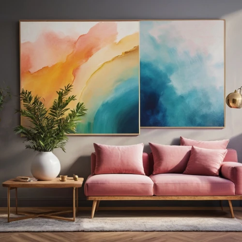 modern decor,boho art,living room,gold-pink earthy colors,contemporary decor,paintings,wall decor,livingroom,abstract painting,interior decor,the living room of a photographer,interior design,apartment lounge,sofa set,wall art,watermelon painting,sitting room,slide canvas,soft furniture,mid century modern,Photography,General,Commercial