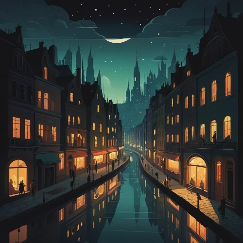 night scene,canals,moonlit night,nightscape,evening atmosphere,world digital painting,nocturnes,fantasy city,moonlit,city at night,light of night,venezia,city moat,moonlight,romantic night,city lights,dreamland,night image,gondola,nightlight,Illustration,Vector,Vector 05