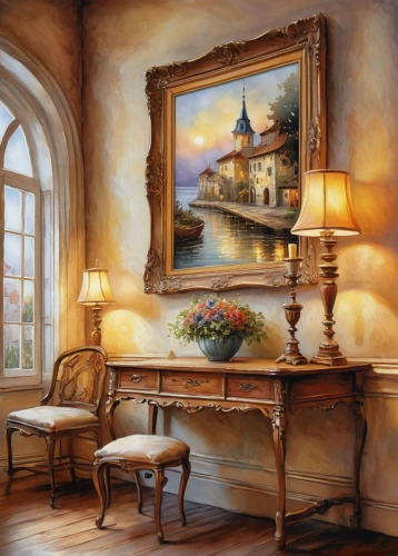 home landscape,art painting,sitting room,meticulous painting,danish room,bay window,interior decoration,french windows,paintings,interior decor,wooden windows,italian painter,country house,breakfast room,window treatment,oil painting,dining room,livingroom,oil painting on canvas,beautiful home,Illustration,Paper based,Paper Based 29
