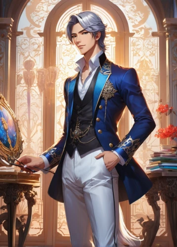 aristocrat,scholar,bellboy,admiral von tromp,male character,cg artwork,gentlemanly,clockmaker,male elf,violet evergarden,leo,valentin,apothecary,adonis,butler,portrait background,corvin,rem in arabian nights,art bard,watchmaker,Illustration,Japanese style,Japanese Style 03