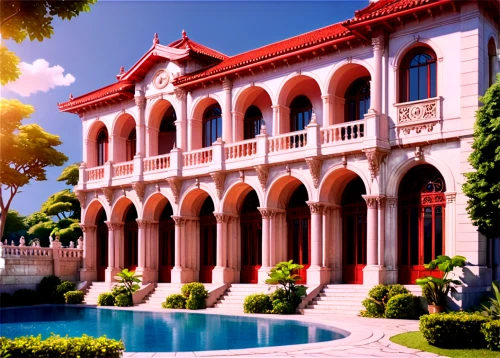 mansion,water palace,luxury property,villa,holiday villa,asian architecture,hacienda,grand master's palace,tropical house,classical architecture,bendemeer estates,europe palace,luxury home,pool house,private house,chateau,marble palace,manor,3d rendering,city palace,Illustration,Japanese style,Japanese Style 03