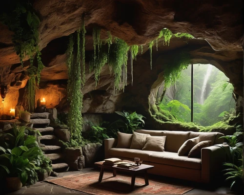 cave,cave on the water,cave church,hideaway,karst landscape,fireplace,fireplaces,secluded,lava cave,pit cave,cave tour,beautiful home,landscape lighting,little man cave,greenforest,karst area,spiritual environment,fire place,karst,rainforest,Illustration,Realistic Fantasy,Realistic Fantasy 07