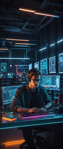 man with a computer,cyber glasses,cyber,cyberpunk,neon human resources,night administrator,computer room,cyber crime,girl at the computer,blur office background,computer desk,computer addiction,computer business,computer workstation,working space,computer freak,computer art,cyber security,cyberspace,hacking,Art,Classical Oil Painting,Classical Oil Painting 41