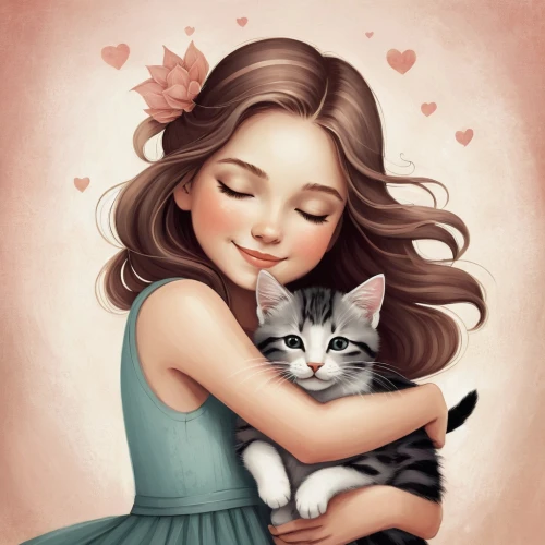 cat love,cat lovers,tenderness,romantic portrait,cute cartoon image,affection,cute cat,hugging,kittens,cat mom,kitten,little girl and mother,sweetness,hugs,the sweetness,warm heart,amorous,little boy and girl,kitty,a heart for animals,Illustration,Abstract Fantasy,Abstract Fantasy 02