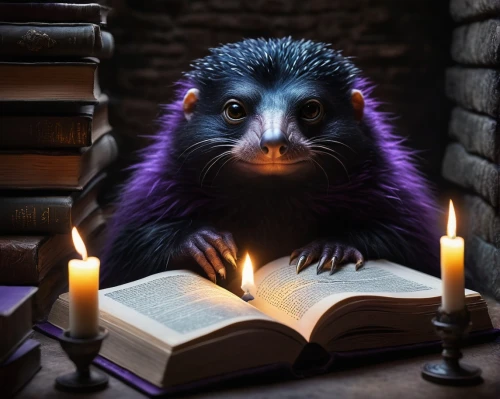reading owl,candle wick,marmoset,saguinus oedipus,hedgehog,little girl reading,scholar,read a book,bookworm,new world porcupine,reader,amur hedgehog,magic book,readers,author,relaxing reading,polecat,magic grimoire,child with a book,reading,Illustration,Realistic Fantasy,Realistic Fantasy 34