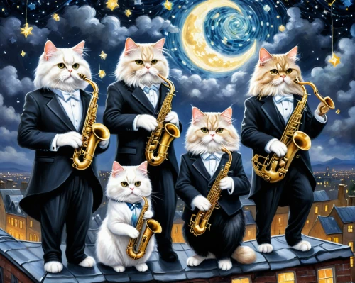 big band,brass band,musical ensemble,orchesta,music band,cat family,musicians,orchestra,vintage cats,philharmonic orchestra,symphony orchestra,cats,trombone concert,stray cats,trumpets,quartet in c,saxhorn,jazz,saxophone,saxophone player,Conceptual Art,Fantasy,Fantasy 30