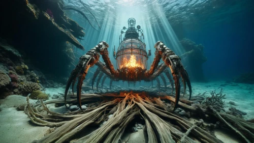 sunken church,undersea,submersible,deep sea,diving bell,the bottom of the sea,under sea,deep sea diving,sunken ship,sunken boat,semi-submersible,giant squid,bottom of the sea,kraken,deep sea nautilus,under the sea,the wreck of the ship,underwater playground,king crab,god of the sea