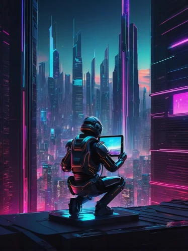 cyberpunk,cyber,futuristic,cyberspace,80s,scifi,man with a computer,computer,80's design,electronic,futuristic landscape,vapor,cityscape,dystopia,sci - fi,sci-fi,dystopian,digital nomads,metropolis,computer freak,Illustration,Black and White,Black and White 29