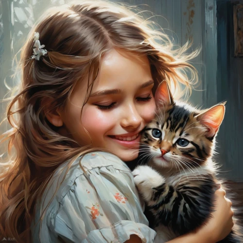 tenderness,little boy and girl,cat lovers,cute cat,cat love,cute cartoon image,innocence,little girls,children's background,affection,romantic portrait,sweetness,childs,little cat,little girl and mother,the sweetness,little girl,vintage boy and girl,kitten,oil painting,Conceptual Art,Fantasy,Fantasy 12