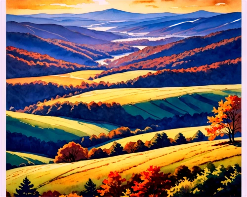 autumn mountains,fall landscape,autumn landscape,carpathians,bieszczady,blue ridge mountains,beech mountains,mountainous landscape,mountain landscape,mountain scene,panoramic landscape,travel poster,khokhloma painting,landscape background,salt meadow landscape,west virginia,the landscape of the mountains,transilvania,shenandoah valley,mountain valley,Illustration,Paper based,Paper Based 25