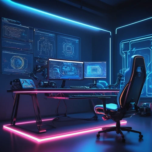 computer desk,computer room,desk,computer workstation,working space,music workstation,workstation,cyber,3d render,workspace,neon human resources,3d background,cinema 4d,cyberpunk,work space,secretary desk,blur office background,game room,creative office,computer,Illustration,Retro,Retro 22