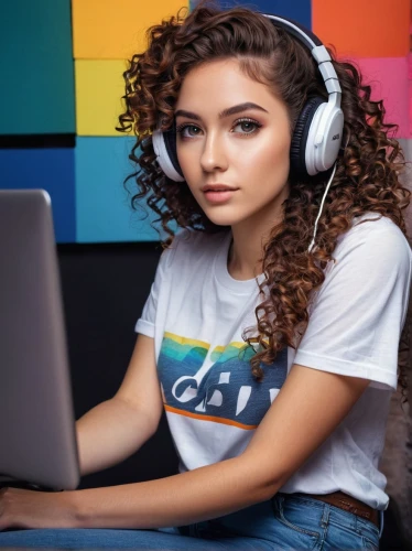 girl at the computer,girl studying,women in technology,dj,computer freak,computer code,wireless headset,girl in t-shirt,rainbow background,computer skype,online course,computer addiction,online support,connectcompetition,listening to music,music background,computer business,computer program,video editing software,teen,Conceptual Art,Daily,Daily 14