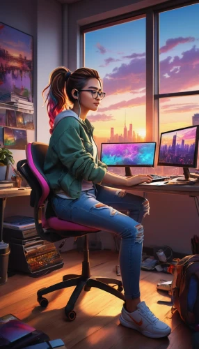 girl at the computer,girl studying,blur office background,cg artwork,desk,work from home,working space,digital nomads,women in technology,world digital painting,dusk background,computer workstation,computer desk,modern office,desk top,girl sitting,sci fiction illustration,work at home,computer addiction,study room,Illustration,Japanese style,Japanese Style 21
