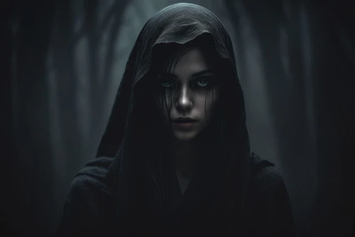 dark portrait,dark art,gothic portrait,mystical portrait of a girl,gothic woman,dark gothic mood,cloak,dark elf,the witch,the enchantress,hooded man,hooded,sorceress,fantasy portrait,forest dark,moody portrait,darkness,dark,vampire woman,darkened,Conceptual Art,Fantasy,Fantasy 34