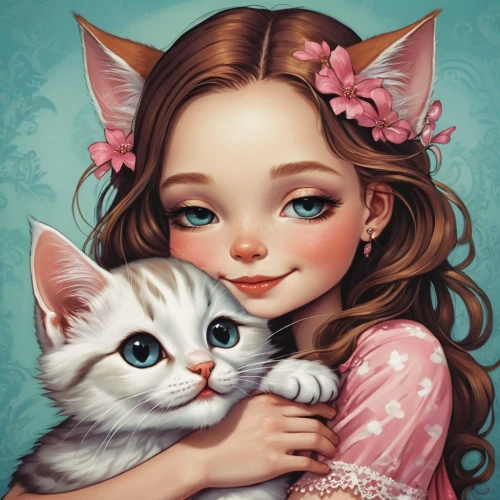 cute cartoon image,romantic portrait,little boy and girl,cat lovers,doll cat,tenderness,fantasy portrait,cat love,kids illustration,cute cat,two cats,calico cat,kittens,custom portrait,kitten,eglantine,cute cartoon character,kitty,vintage boy and girl,child portrait,Illustration,Abstract Fantasy,Abstract Fantasy 10