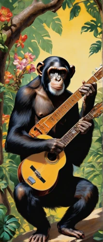 monkeys band,cavaquinho,banjo uke,ukulele,banjo guitar,chimpanzee,banjo player,bonobo,monkey banana,gorilla,great apes,monkey island,primate,ape,monkey wrench,slide guitar,jazz guitarist,primates,chimp,acoustic-electric guitar,Illustration,Realistic Fantasy,Realistic Fantasy 21