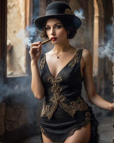 smoking girl,cigarette girl,victoria smoking,vintage woman,vintage fashion,smoking cigar,bowler hat,girl smoke cigarette,burlesque,pipe smoking,victorian lady,smoke dancer,femme fatale,victorian style,vintage women,steampunk,vintage girl,black hat,vintage dress,1920's retro,Photography,General,Natural