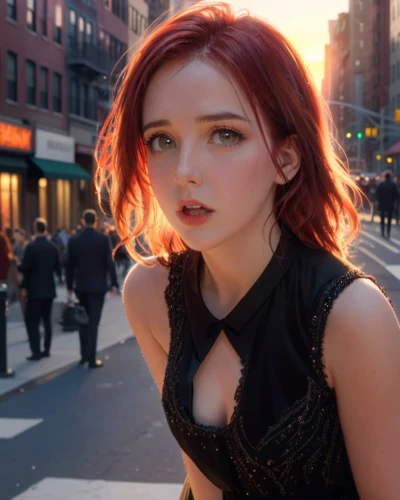 on the street,red hair,fiery,redhair,red-haired,nyc,in a black dress,ny,redhead,striking,pink hair,model beauty,new york streets,red head,burning hair,spectacular,semi-profile,vada,rosie,poppy red,Anime,Anime,General