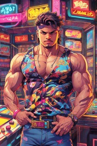 arcade games,80s,cyberpunk,bouncer,arcade,arcade game,sega,convenience store,muscle man,muscle icon,shinjuku,retro diner,sega genesis,edge muscle,macho,muscle,mechanic,80's design,neo geo,shopkeeper,Digital Art,Anime