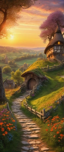 hobbiton,fantasy landscape,home landscape,landscape background,springtime background,cartoon video game background,fantasy picture,mushroom landscape,world digital painting,alpine village,rural landscape,idyllic,spring background,aurora village,meteora,farm landscape,knight village,children's background,oktoberfest background,mountain village,Art,Classical Oil Painting,Classical Oil Painting 19