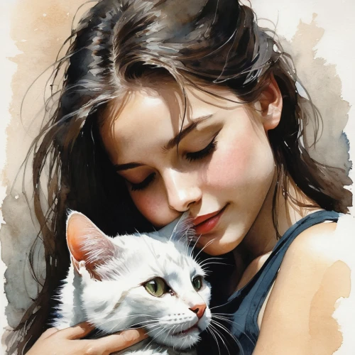 cat lovers,romantic portrait,tenderness,cat love,cute cat,oil painting,domestic cat,calico cat,oil painting on canvas,american shorthair,girl with dog,white cat,two cats,art painting,breed cat,affection,cat image,felines,photo painting,my beloved cat,Illustration,Paper based,Paper Based 05
