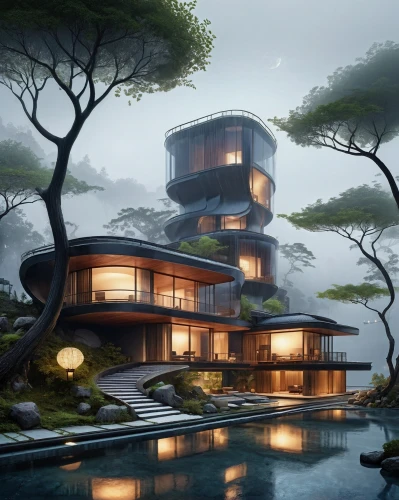 dunes house,asian architecture,japanese architecture,futuristic architecture,modern house,modern architecture,tropical house,eco hotel,luxury property,tree house hotel,house by the water,tree house,futuristic landscape,aqua studio,cubic house,floating island,chinese architecture,luxury hotel,floating islands,house in the forest