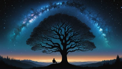 magic tree,lone tree,isolated tree,the night sky,tree of life,starry sky,night sky,celtic tree,wondertree,astronomy,moon and star background,painted tree,circle around tree,night stars,nightsky,fantasy picture,watercolor tree,landscape background,world digital painting,the milky way,Conceptual Art,Daily,Daily 23