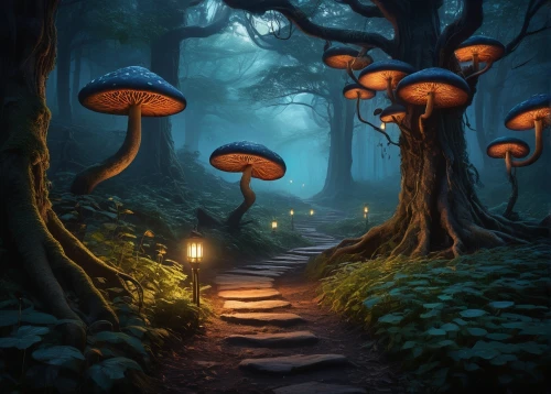 mushroom landscape,forest mushrooms,umbrella mushrooms,toadstools,fairy forest,mushrooms,mushroom island,fairy lanterns,enchanted forest,fairytale forest,forest mushroom,brown mushrooms,edible mushrooms,fungi,cartoon forest,fairy village,forest path,tree mushroom,elven forest,witches boletus,Conceptual Art,Sci-Fi,Sci-Fi 14