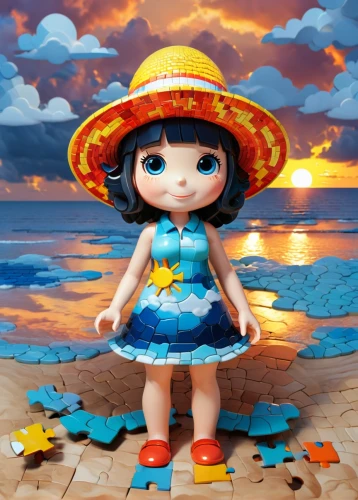 painter doll,beach background,candy island girl,sun hat,playmobil,handmade doll,artist doll,high sun hat,beach umbrella,ordinary sun hat,luau,straw hat,hula,clay doll,beach toy,yellow sun hat,summer background,summer umbrella,3d fantasy,doll dress,Unique,3D,3D Character