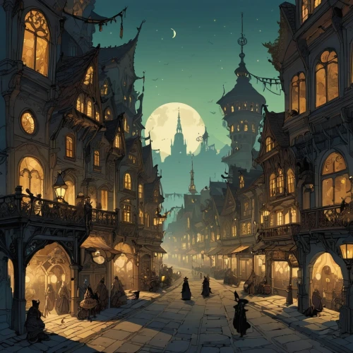 ancient city,fantasy city,medieval street,fantasy landscape,night scene,medieval town,hamelin,fantasy picture,medina,dusk,lunar landscape,evening atmosphere,moonlit night,cityscape,old city,fantasy art,old town,sci fiction illustration,delft,dresden,Illustration,Children,Children 04