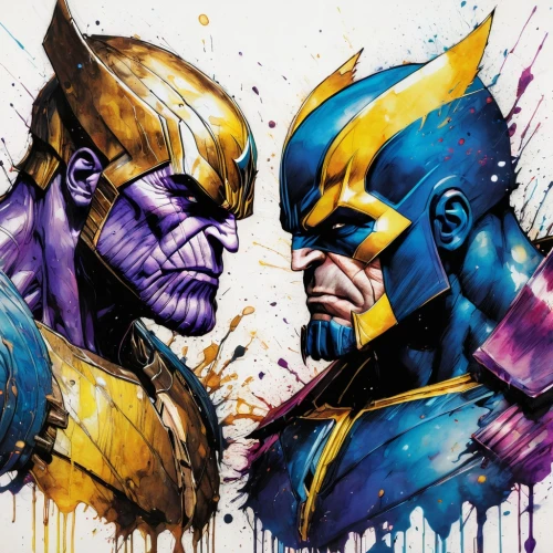 thanos infinity war,thanos,wall,gold and purple,comic characters,civil war,marvel comics,xmen,purple and gold,wolverine,alliance,x-men,versus,ban,painting technique,marvel,x men,no purple,face painting,bodypainting,Illustration,Paper based,Paper Based 13