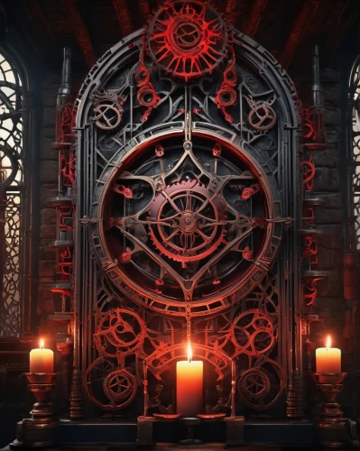 clockmaker,grandfather clock,ship's wheel,blood church,iron door,ornate,medieval hourglass,portal,valentine clock,hall of the fallen,cog,astronomical clock,clock,sepulchre,ornate room,haunted cathedral,magic grimoire,tabernacle,iron gate,old clock,Conceptual Art,Fantasy,Fantasy 25