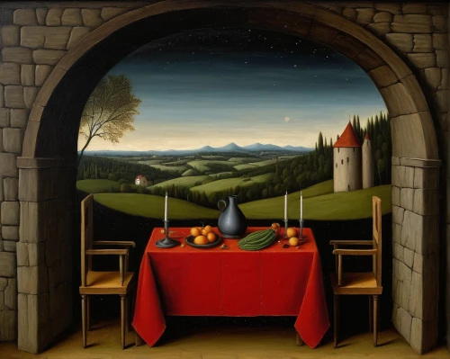 dining table,fine dining restaurant,dining,a restaurant,romantic dinner,bellini,dining room,kitchen table,bistro,outdoor dining,tablescape,vegetables landscape,alpine restaurant,red tablecloth,food table,breakfast table,dinner party,the dining board,surrealism,grant wood,Art,Artistic Painting,Artistic Painting 02