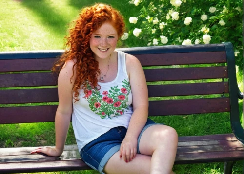 redhair,girl in t-shirt,red-haired,redheads,redheaded,red hair,redhead,park bench,red head,red bench,redhead doll,maci,garden bench,merida,in the park,ginger rodgers,beautiful girl with flowers,tshirt,girl in flowers,in a shirt,Illustration,Retro,Retro 26