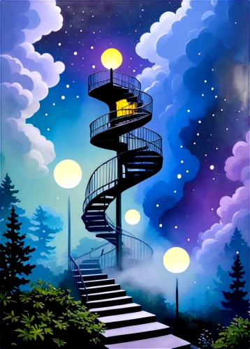 stairway to heaven,stairway,heavenly ladder,stairwell,spiral staircase,staircase,winding steps,jacob's ladder,outside staircase,spiral stairs,stairs,stair,winding staircase,tree top path,fantasy picture,stone stairway,heaven gate,the mystical path,steel stairs,treehouse,Illustration,American Style,American Style 09