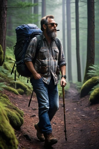 farmer in the woods,woodsman,forest man,hiker,free wilderness,trekking poles,mountain guide,forest workplace,appalachian trail,the wanderer,trail searcher munich,mountaineer,hiking equipment,fjäll,people in nature,backpacking,dwarf sundheim,walking man,trekking pole,merle black,Illustration,Japanese style,Japanese Style 11
