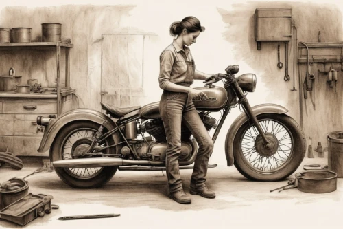 mechanic,motorcycle,cafe racer,motorcycles,old motorcycle,bicycle mechanic,motorbike,harley-davidson,motorcycling,harley davidson,motorcyclist,seamstress,vintage drawing,tinkering,motorcycle accessories,wrenches,automobile repair shop,motor-bike,motorcycle racer,auto repair,Illustration,Black and White,Black and White 35