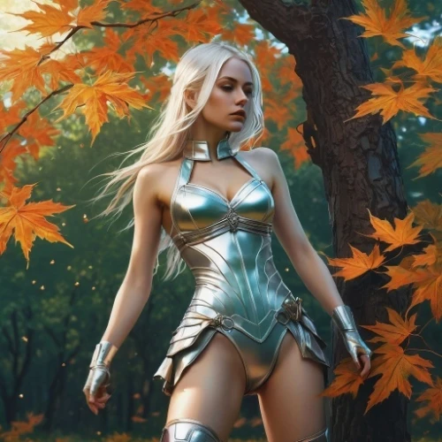 female warrior,fantasy woman,tiber riven,golden autumn,wood elf,fantasy warrior,fantasy picture,fantasy art,witcher,elven,warrior woman,dark elf,bronze,male elf,autumn background,golden leaf,the blonde in the river,fantasy girl,fantasy portrait,dryad