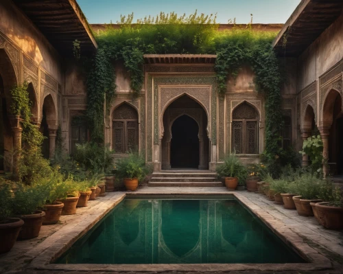 persian architecture,marrakesh,iranian architecture,alhambra,marrakech,riad,alcazar of seville,courtyard,morocco,inside courtyard,moroccan pattern,secret garden of venus,rajasthan,caravanserai,alcazar,lahore,caravansary,jaipur,water palace,the threshold of the house,Photography,General,Fantasy