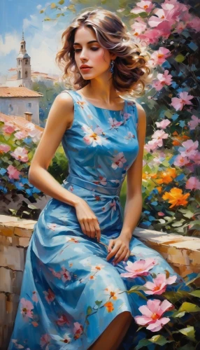 girl in flowers,girl in the garden,girl picking flowers,beautiful girl with flowers,oil painting,oil painting on canvas,girl in a long dress,italian painter,floral dress,a girl in a dress,romantic portrait,woman playing,springtime background,young woman,art painting,splendor of flowers,girl with tree,flower painting,spring background,femininity,Conceptual Art,Oil color,Oil Color 06