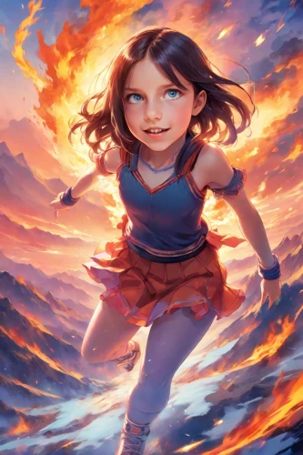 little girl in wind,flame spirit,fire siren,fire and water,fiery,moana,wildfire,fire angel,fire poi,fire background,fire kite,rosa ' amber cover,flame of fire,burning hair,firespin,fire lily,dancing flames,burning torch,burning earth,fire on sky,Digital Art,Anime